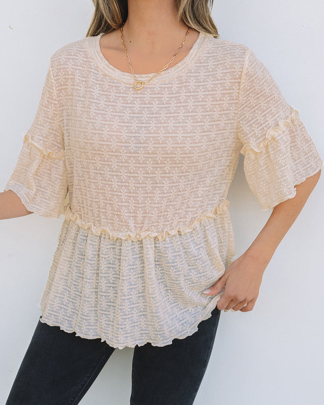 Beige Solid Color Textured Ruffled Short Sleeve Blouse