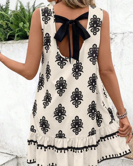 Beige Geometric Printed Sleeveless Hollowed Bowknot Back Mini Dress