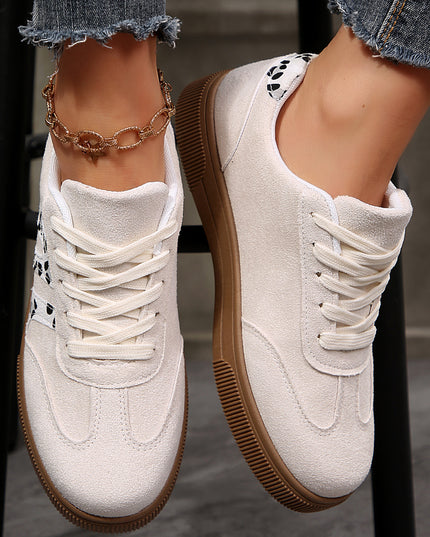 White Suede Leopard Color Block Trim Lace-up Casual Shoes