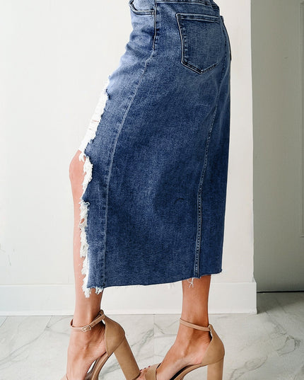 Dearlove Myosotis Irregular Distressed Bottom Denim Midi Skirt