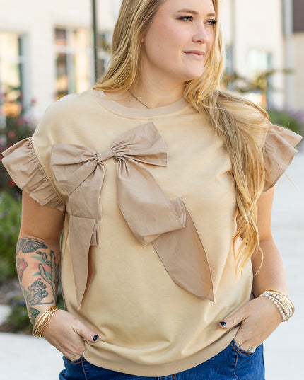 Parchment Ruffled Short Sleeve Bowknot Applique Crew Neck Plus Size Top