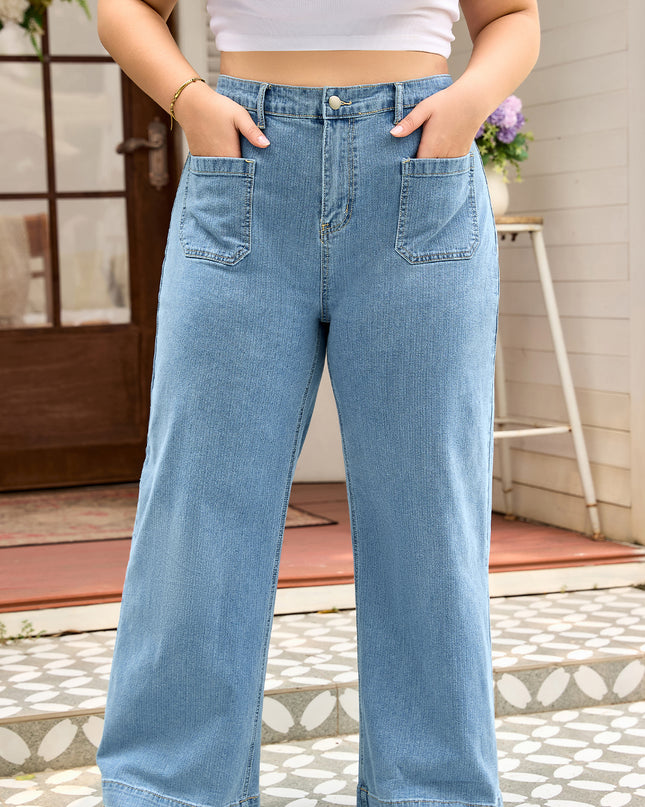 Dusk Blue Patched Pocket Textured Wide Leg Plus Size Jeans