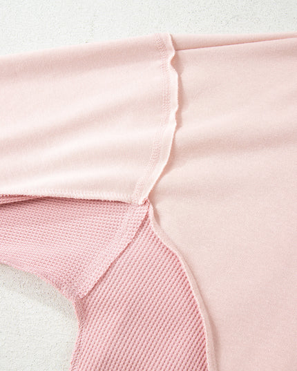 Light Pink Plus Color Block Waffle Patchwork Exposed Seam Baggy Sweatshirt