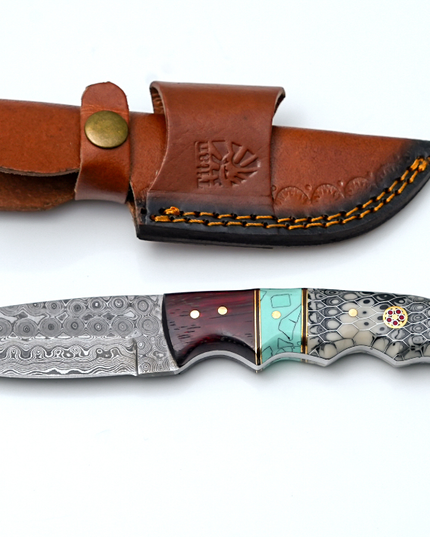 Titan "Cobra" Hand-Forged Damascus Steel Hunting Knife with Turquoise & Honeycomb Handle