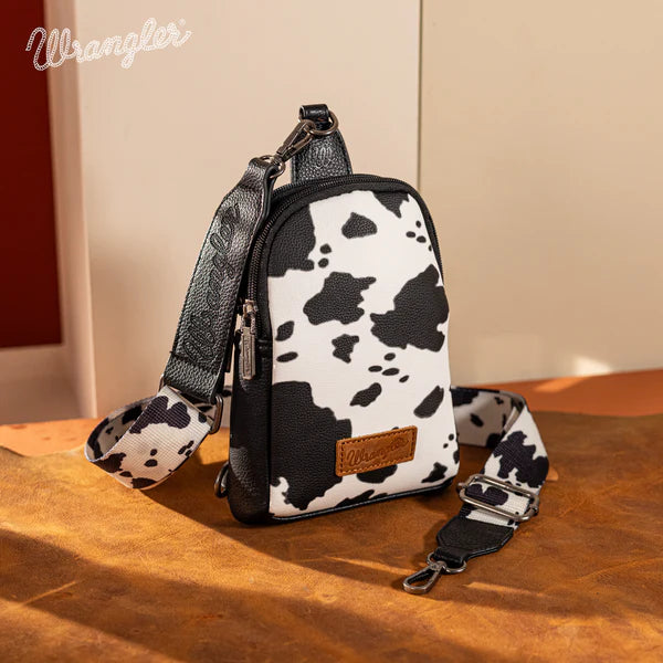 Wrangler - Cow Print Crossbody Sling Chest Bag - Black