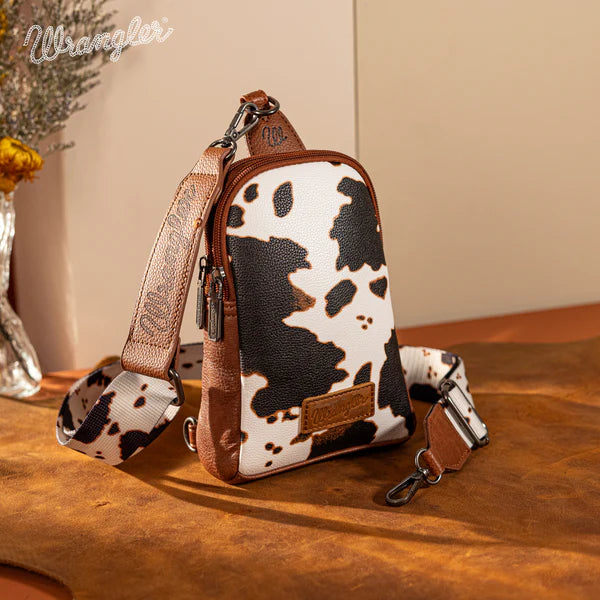 Wrangler - Cow Print Crossbody Sling Chest Bag - Brown