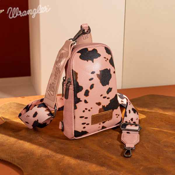 Wrangler - Cow Print Crossbody Sling Chest Bag -Pink