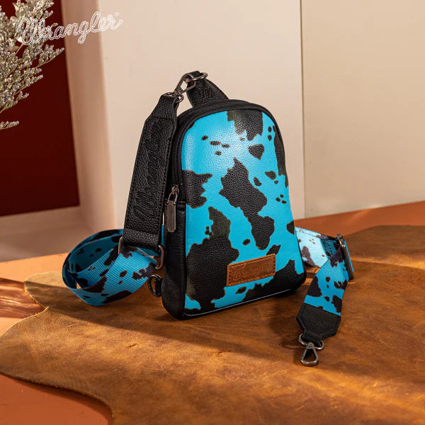 Wrangler - Cow Print Crossbody Sling Chest Bag -Turquoise