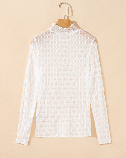 Beige Sheer Mesh Patterned Lettuce Trim Slim Long Sleeve Top