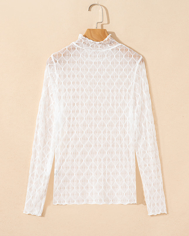 Beige Sheer Mesh Patterned Lettuce Trim Slim Long Sleeve Top