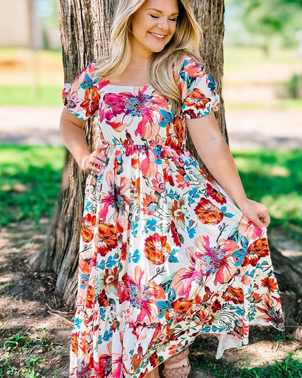 White Floral Square Neck Puff Sleeve Flowy Plus Size Midi Dress