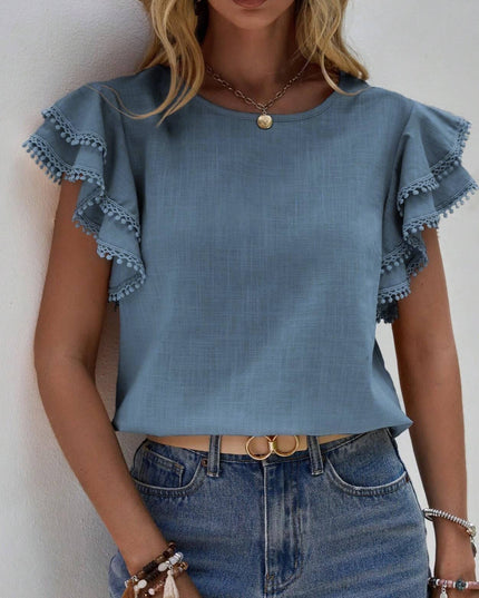 Crewneck Loose Lace Ruffle Short-Sleeved T-Shirt Top