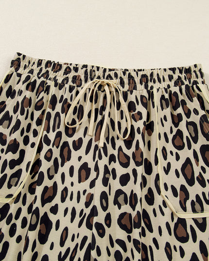 Khaki Exposed Seam Patched Pocket Plus Size Drawstring Leopard Wide Leg Pants