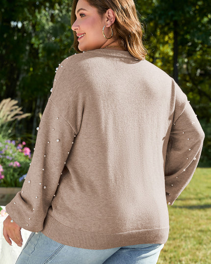 Smoke Gray Pearled Drop Shoulder Plus Size Sweater
