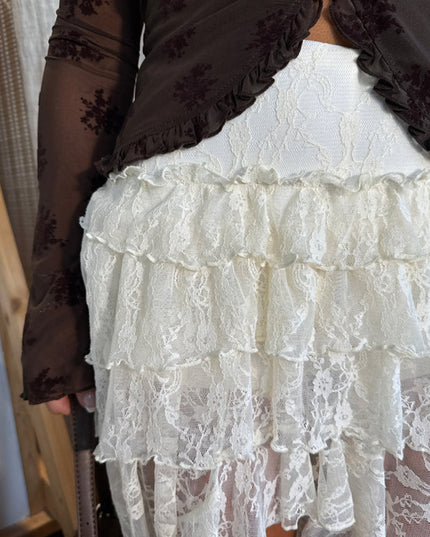 White Sheer Lace Frilly Ruffles High Low Long Skirt