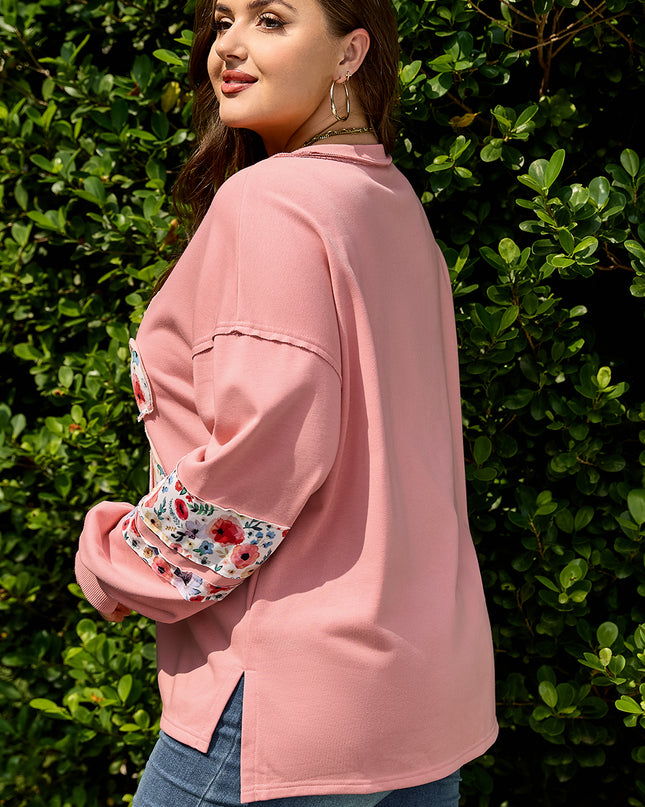 Peach Blossom Plus Size Floral Applique Drop Shoulder Sweatshirt