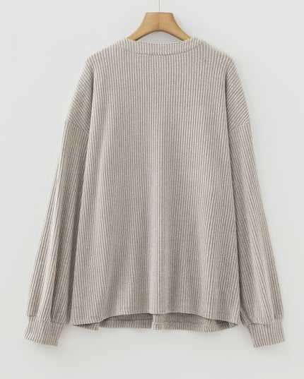 Simply Taupe Plus Size Ribbed Knit Kangaroo Pocket Henley Long Sleeve Top