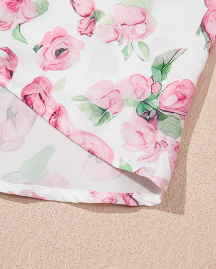 Pink Floral Split Neck Short Sleeve Loose Plus Size Mini Dress
