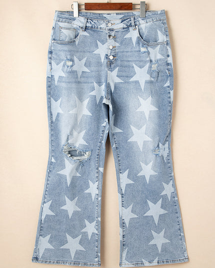 Sky Blue Star Printed Multi Buttons Slit Knee Destroyed Plus Size Jeans