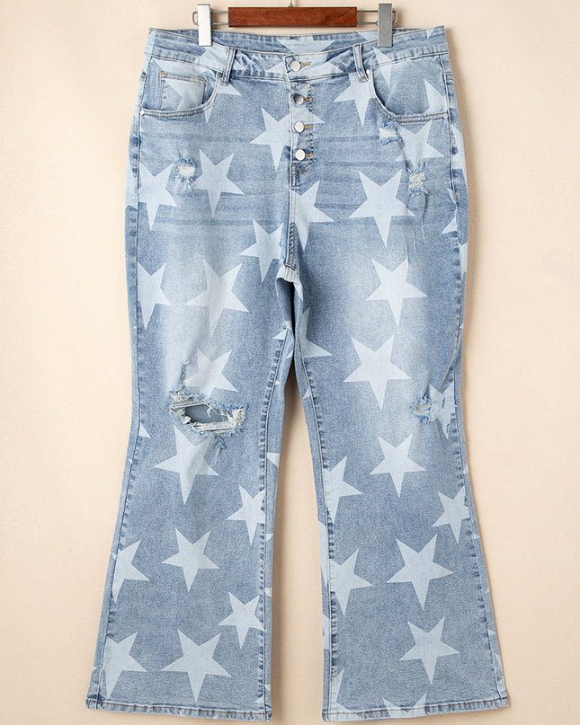 Sky Blue Star Printed Multi Buttons Slit Knee Destroyed Plus Size Jeans