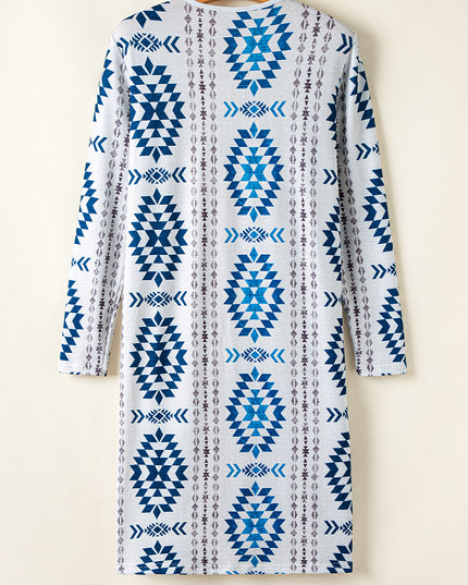 Sky Blue Western Aztec Printed Open Front Long Cardigan