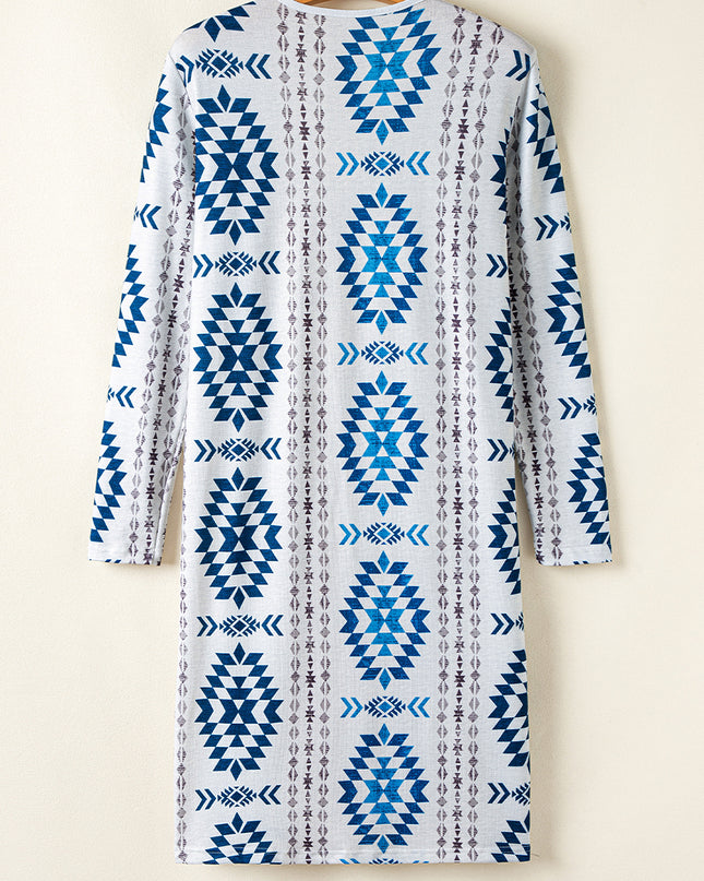 Sky Blue Western Aztec Printed Open Front Long Cardigan