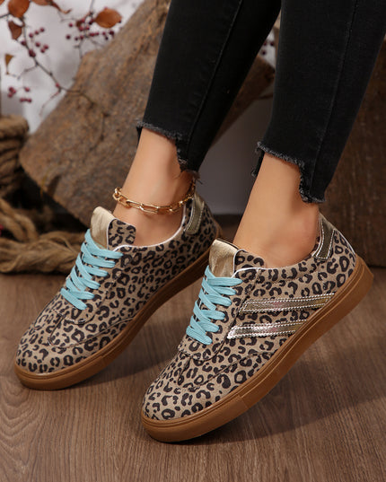 Coffee Faux Suede Leopard Print Sleek PU Leather Detail Lace Up Sneakers