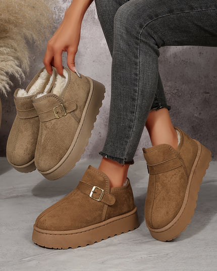 Coffee Buckle Detail Round Toe Platform Cozy Winter Boots