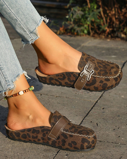 Coffee Faux Suede Cute Buckle PU Leather Strap Mule Slippers
