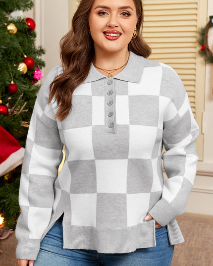Gray Plus Size Checkered Pattern Button Polo Collar Split Sweater
