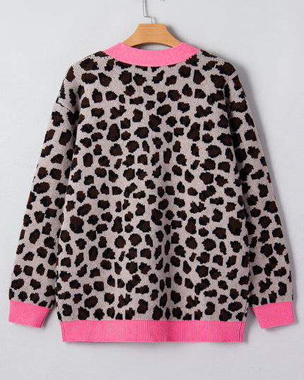 Khaki Oversize Color Block Trim Button Down Leopard Print Cardigan