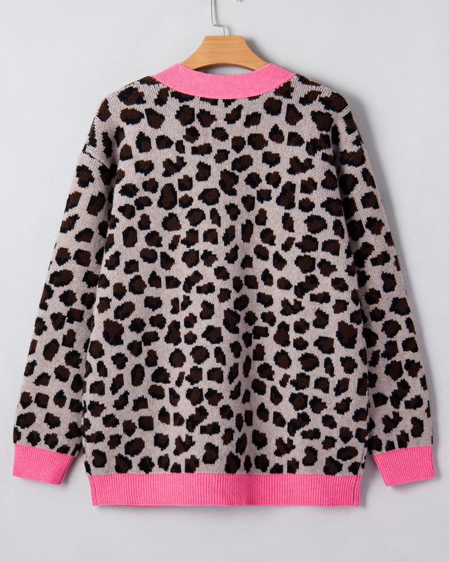 Khaki Oversize Color Block Trim Button Down Leopard Print Cardigan