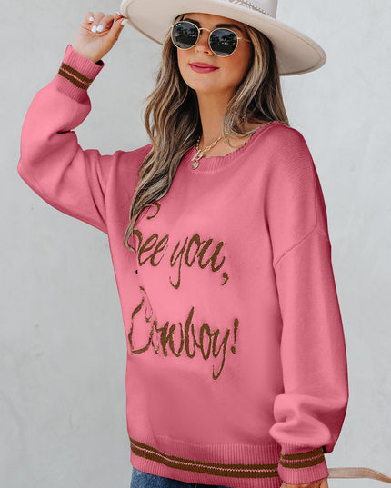 Peach Blossom See You Cowboy Embroidered Western Graphic Sweater