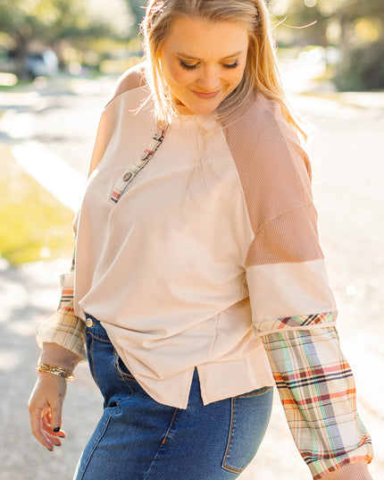 Parchment Plus Size Plaid Patchwork Layered Henley Top