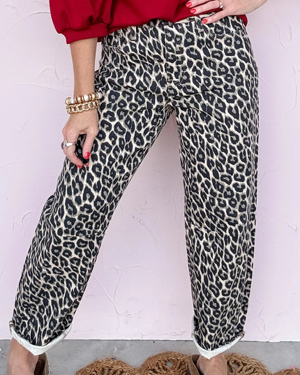 Black Leopard Print Barrel Jeans