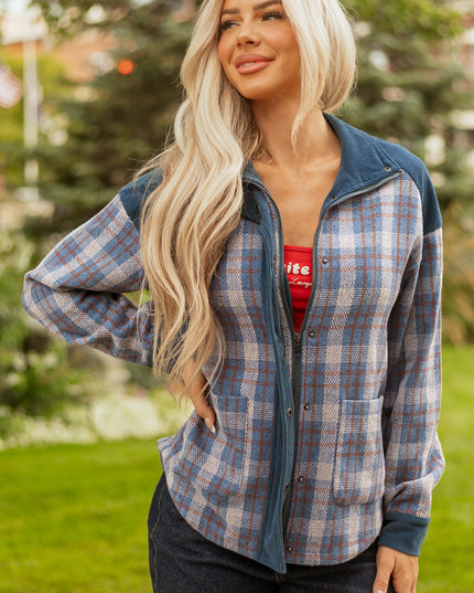 Gray Plaid Corduroy Patchwork Collared Zip Up Snap Button Jacket