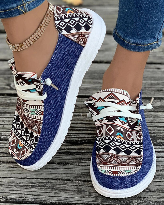 Vintage Aztec Patchwork Lace-up Decor Flat Shoes