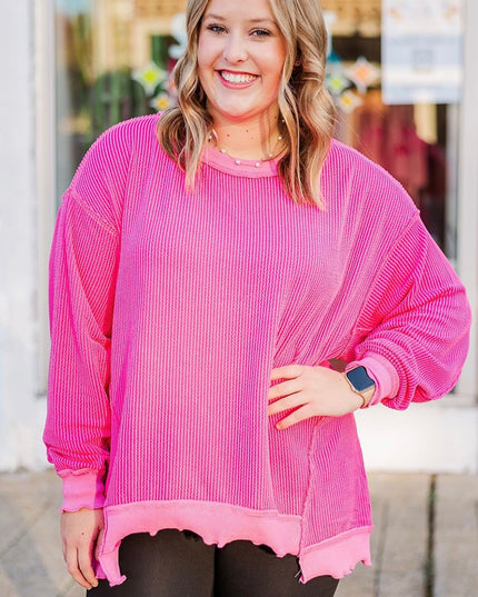 Rose Red Drop Shoulder Uneven Hem Plus Size Twisted Rib Top