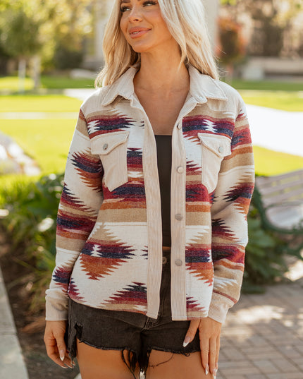 Multicolour Western Aztec Ribbed Patchwork Double Flap Pocket Raw Hem Shacket