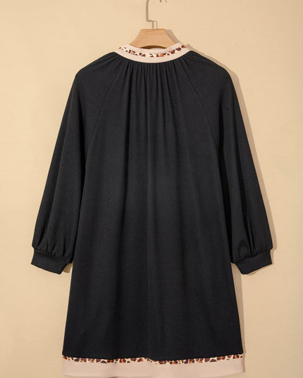 Black Contrast Color Block Leopard Trim Plus Size Ribbed Dress