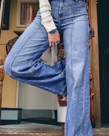 Beau Blue Tailored Center Seam Detail Straight Loose High Rise Jeans