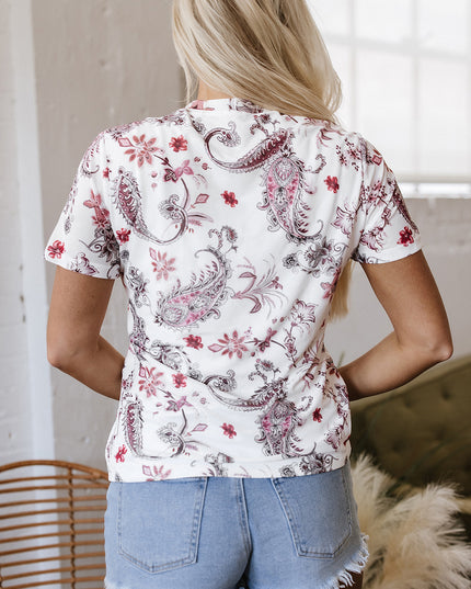 White Vintage Paisley Mock Neck T Shirt