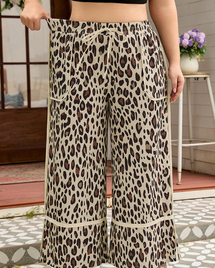 Khaki Exposed Seam Patched Pocket Plus Size Drawstring Leopard Wide Leg Pants
