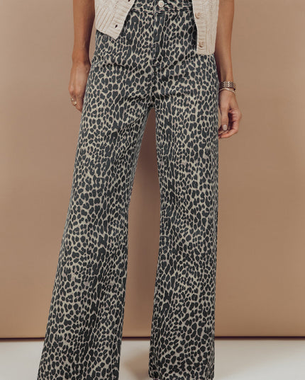 Black Leopard Print Wide Leg High Waist Jeans