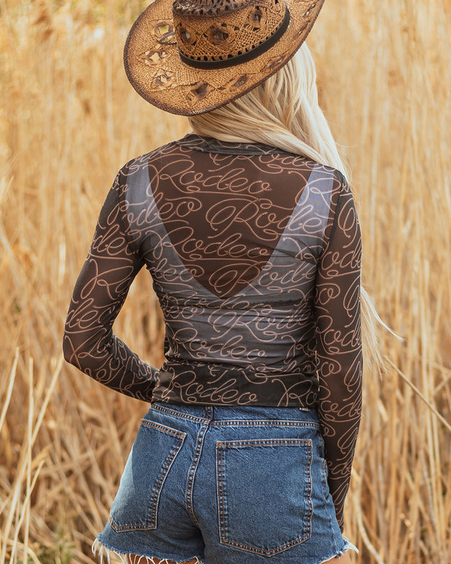 Black Western Rodeo Printed Mock Neck Long Sleeve Mesh Top