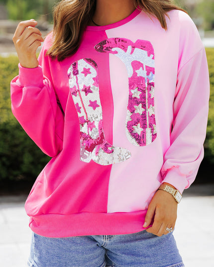 Pink Color Block Sequined Cowgirl Boots Graphic Sweatshirt