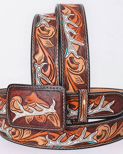 ADBLF289 Tooled Leather Western Belt - White Antler & Scroll Floral Design
