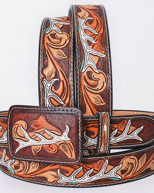 ADBLF289 Tooled Leather Western Belt - White Antler & Scroll Floral Design