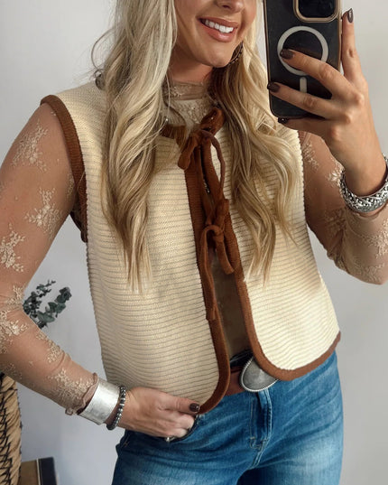 White Horizontal Ribbed Knit Contrast Trim Ties Front Sweater Vest