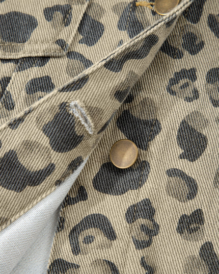 Khaki Retro Leopard Print Seam Detail Button Down Denim Jacket